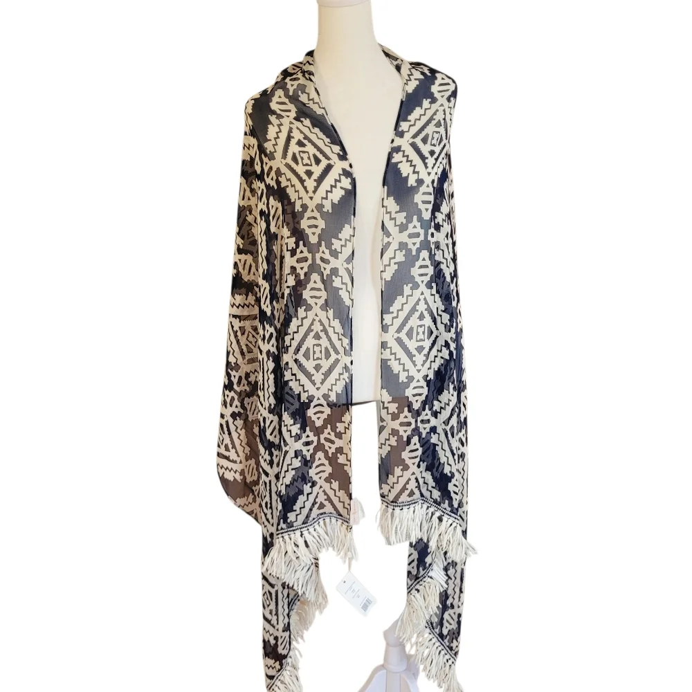 *NWT* Chic Tory Burch Navy and Cream Geometric 100% Silk Oblong Scarf W/Fringe